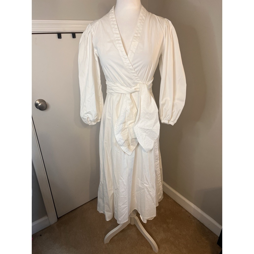 Padova white Wrap Dress Puff Sleeves Midi Sz 8 Designer Wedding Cotton Chic